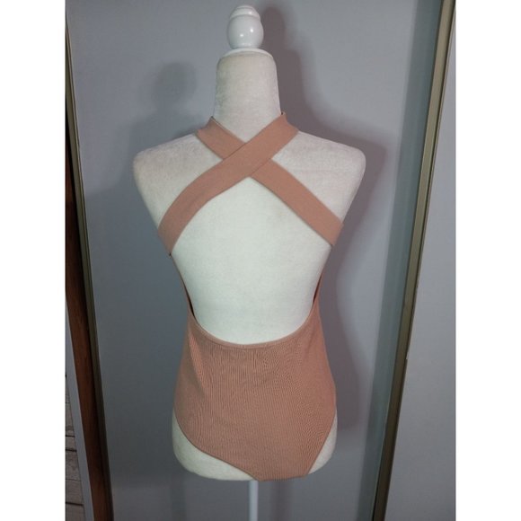 Lulu's Large Blush Pink Knit Halter Stretch Open Back One Piece Bodysuit - Picture 2 of 3